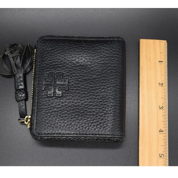 Tory Burch Black Bifold Women's Wallet Tassel Pebbled Leather - Picture 5 of 10